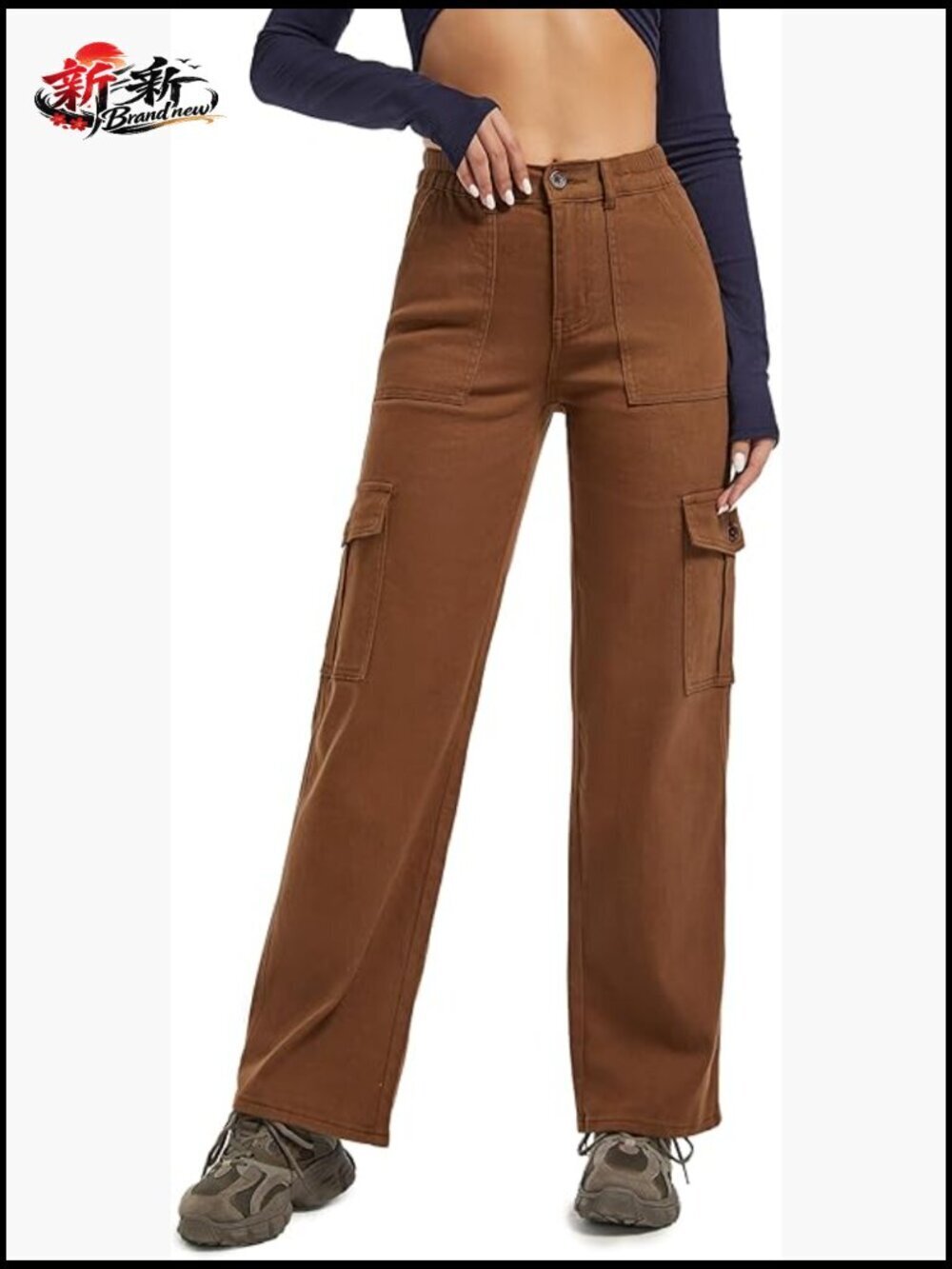 High Waisted Stretch Straight Leg Cargo Pants with Pockets Trousers